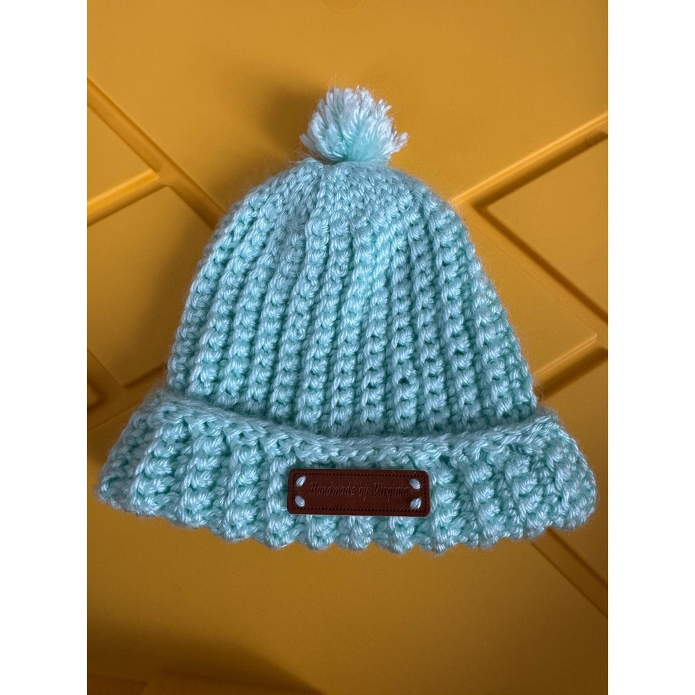 Handmade by Virginia Kids Crochet Beanie Mint Green/Blue Pom Pom Knit Winter Hat